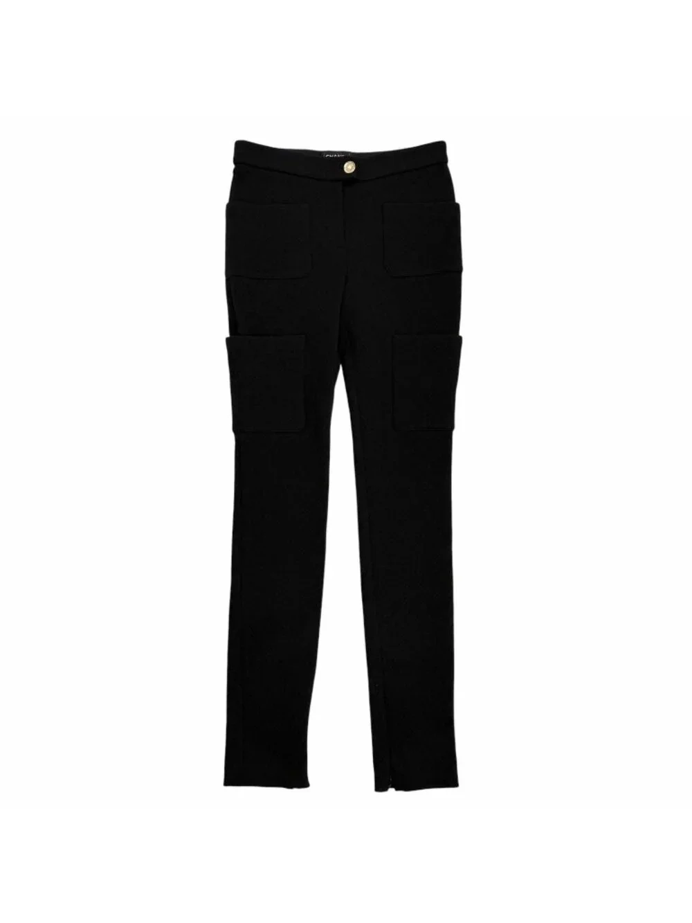 Chanel CC Logo Rhinestone Button Wool Pants Black 36